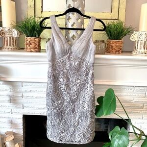 Sue Wong Nocturne Silver Gray Lace Embellished V-Neck Cocktail Dress Pleated 6